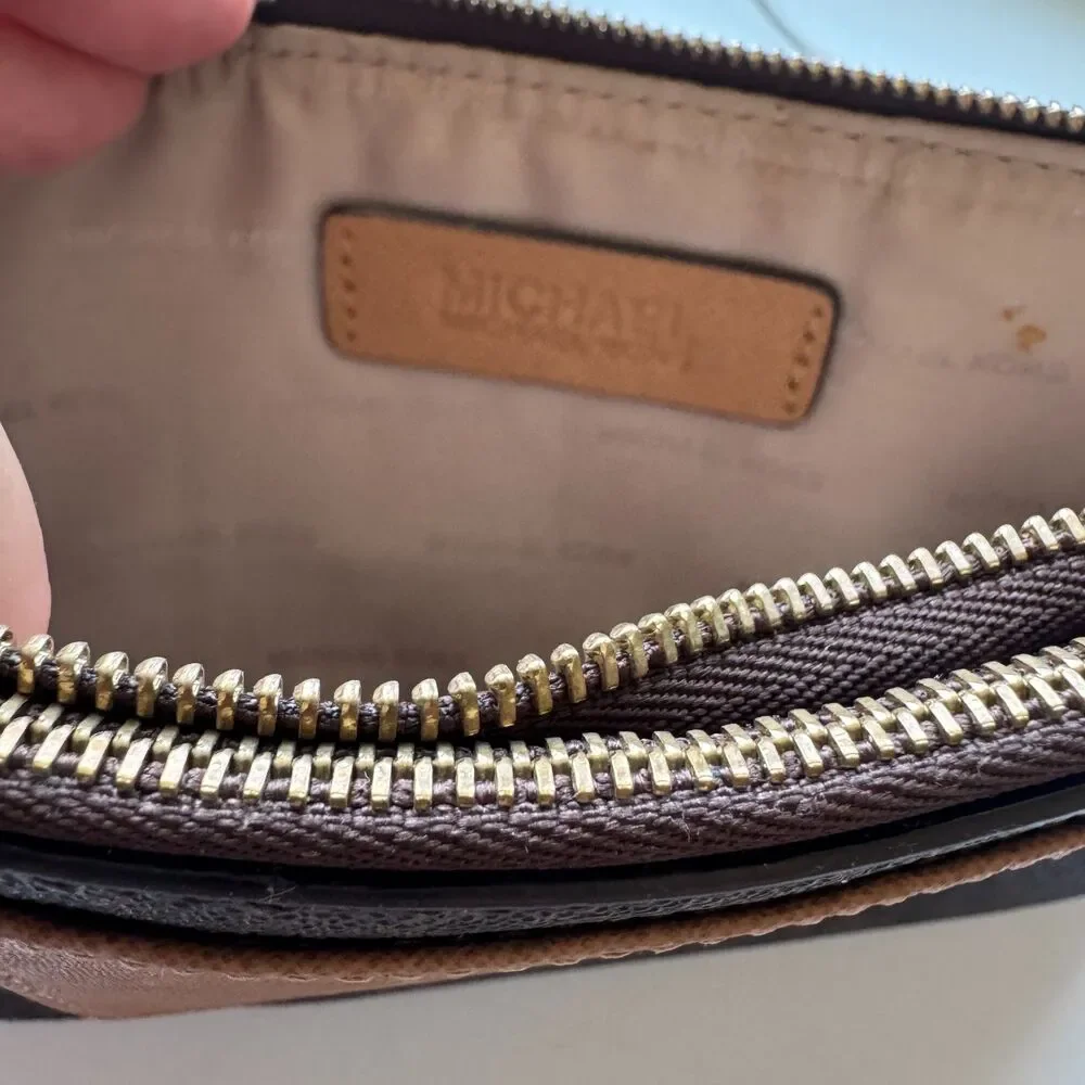 Michael Kors Bedford Double Zip Clutch Dark Brown Logo Signature Monogram